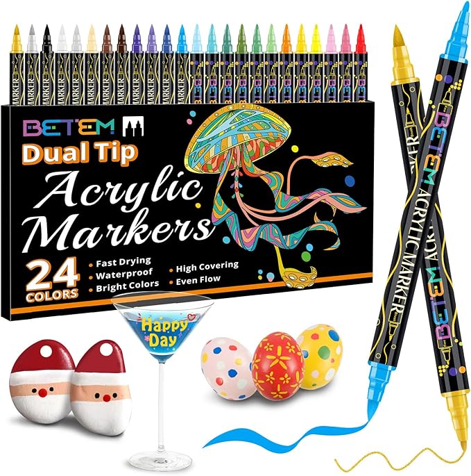 Betem Acrylic Paint Markers, Dual Tip 24 Colors Acrylic Paint Pens with Brush Tip and Fine Point, Art Supplies for Rock, Wood, Canvas, Stone, Glass, Ceramic, Rock Painting Christmas Gift