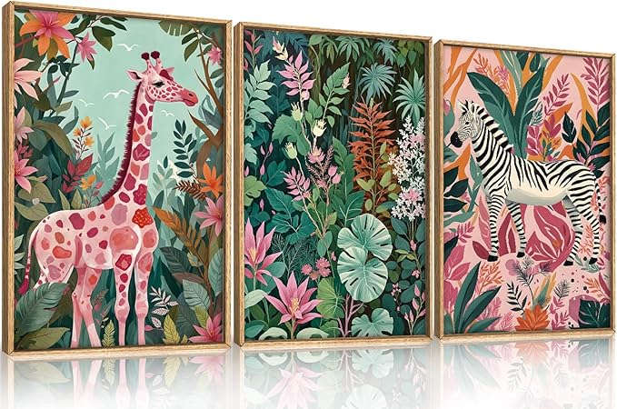 Large Jungle Giraffe and Zebra Framed Canvas Wall Art,Modern Safari Wild Animal Wall Decor,Tropical Nature Wildlife Artwork,Boho Botanical Art Print for Living Room,Bedroom,Office-16 x24 x3