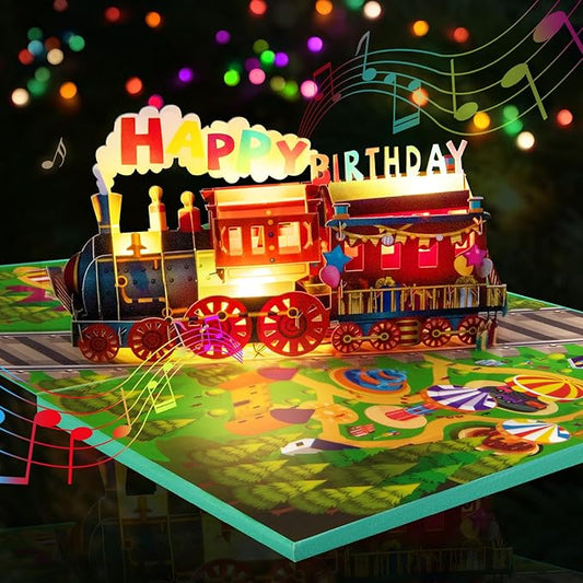 GREETING ART Train Musical Birthday Cards, Happy Birthday Train Card, 3D Pop Up Birthday Card, Light and Music Happy Birthday Card for Women, Men