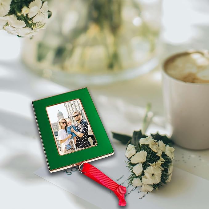 Christmas Picture Frame Ornaments - Set of 4 Green 2x3 Inch Mini Frames with Red Ribbon, Metal Photo Frames for Christmas Tree Decorations, Holiday Gift for Family & Friends