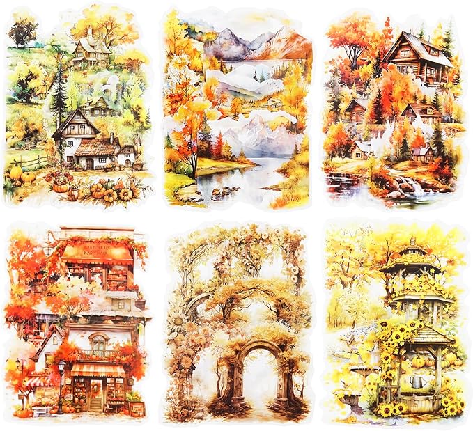 Autumn Themed PET Stickers Set, 60PCS Large Landscape Stickers for Scrapbooking, Journaling, DIY Crafts, and Art Projects