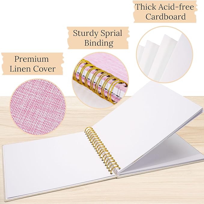 Scrapbook Photo Album Linen Cover, 12 x 12 Inch Hardcover Kraft White Pages Memory Book, for Travel Wedding Guest Book Christmas Baby Shower (40 Sheets/ 80 Pages,Pink)
