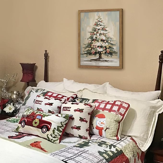 Framed Christmas Canvas Wall Art, Vintage Christmas Tree Pictures Print, Rustic Winter Holiday Decor, Wood Frame Pine Tree Painting, Christmas Tree Wall Decor for Living Room, Fireplace – 12x16in