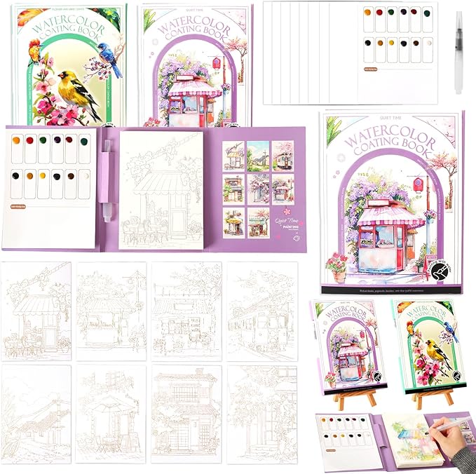 Breathly Watercolor Kit,Breathly Creative Stress Relief Kit Watercolor Painting Book,DIY 3-Fold Watercolors Pad,Relax and Adjust Your Mood for Beginners and Enthusiasts (A)