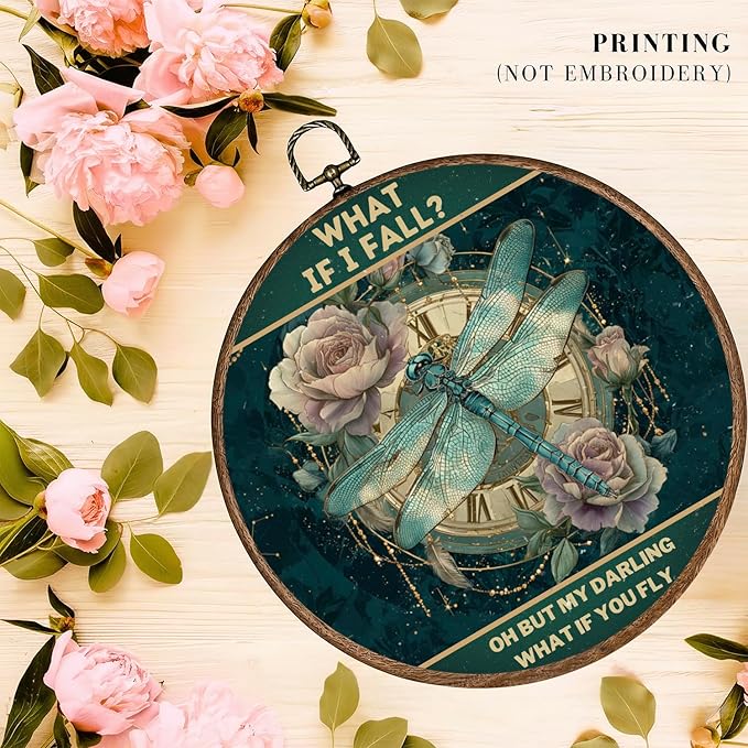 365CUSGIFTS Boho Timeframe Dragonfly Wall Art Decor, Botanical Canvas Prints, Farmhouse Flower Round Wall Hanging, Boho Wall Art for Living Room Bedroom Kitchen, 10x10 Inch