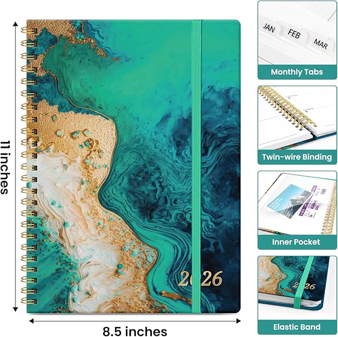 2026 Planner, Monthly and Weekly Calendar Planner for Women, Jan 2026 - Dec 2026, Hardcover Pretty 2026 Agenda Planner Book with Tabs, Spiral Bound, Perfect for School Office Home Supplies, 8.5" x 11" - Emerald Shores