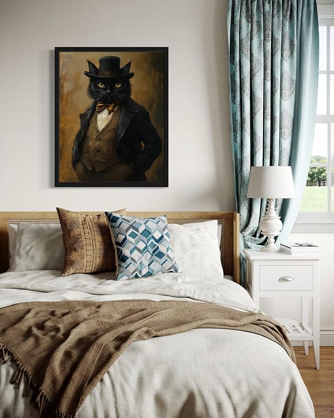 Gangster Cat Art Poster Print, Cat Kitten Painting Humor Portrait Pet Artwork Decor Gallery A8 (Gangster Cat, 8 x 10 inches, Black Frame)
