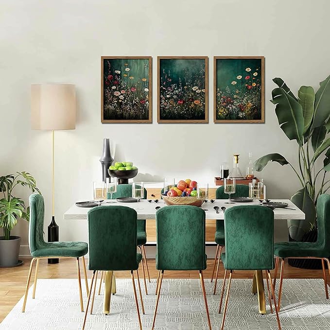 Vintage Wildflower Wall Art Set of 3, Moody Dark Green Flower Botanical Wall Decor Paintings,Nature Floral Farmhouse Landscape Posters Prints Pictures for Living Room Bedroom 12x16 Inch Wood Framed