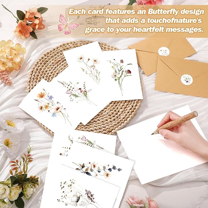 100 Pcs Blank Note Cards and Envelopes 4x6 Elegant Floral Design Blank Greeting Cards with Matching Peel-and-seal Stickers Plain Notecards Stationery for All Occasions, 10 Designs