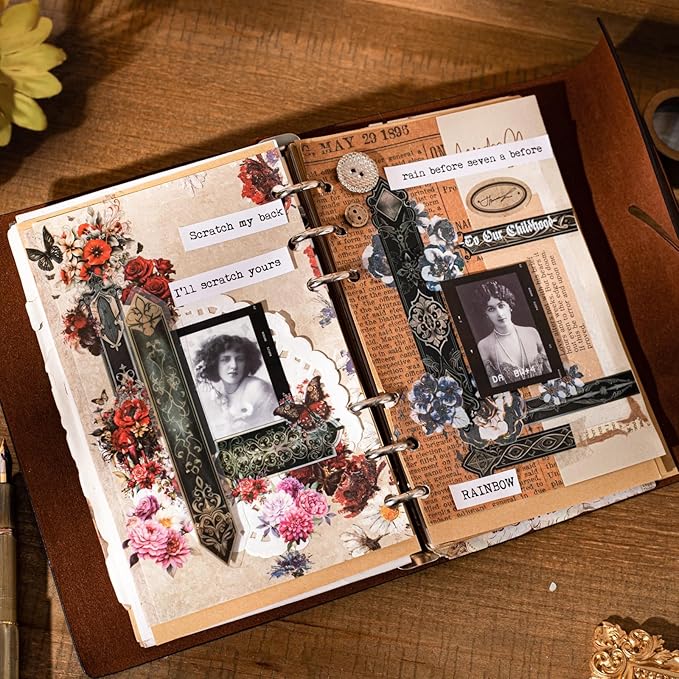 120PCS PET Strip Stickers, Gothic, Rose, Baroque, Emerald, Amber and Snow Style Designs in Vintage Aesthetic, Scrapbook and Journal Labels, Transparent Waterproof DIY Supplies
