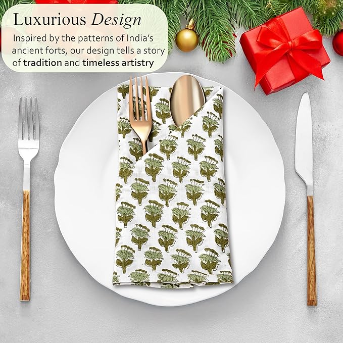 CPC Cloth Napkins 100% Cotton Set of 4 Reusable Napkins, Indian Block Print Toile Floral Dinner Napkin, Fall Thanksgiving Christmas Holiday Party Gift - Soft Absorbent Napkin, 18"x18" Emerald Green