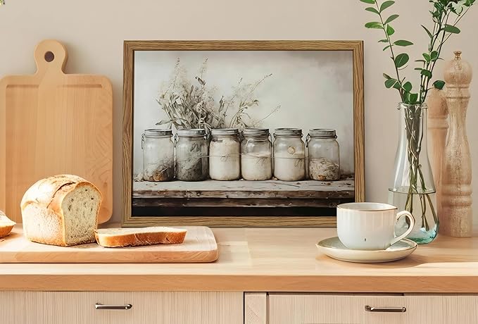 Framed Vintage Kitchen Canvas Wall Art, Rustic Farmhouse Mason Jar Pictures Wall Decor, Country Spice Still Life Paintings Prints Home Decor Artwork for Dining Room 16x24 inch