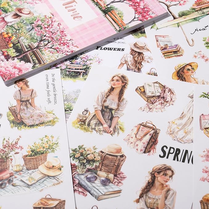 YagCu Scrapbook Sticker Book, Picnic Journaling Stickers, Junk Journal Supplies, Pre-Cut Aesthetic Scrapbooking for Adults, Decorative Ephemera Bullet Planner DIY Arts Craft Collage