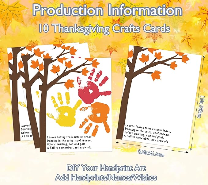 Fall Maple Leaves Handprint Art Craft Kit for Thanksgiving Activities, 10 Pcs Thanksgiving Crafts Bulk DIY Handprint Card Making, Handprint Keepsake Gift for Mother Father Grandma Grandpa