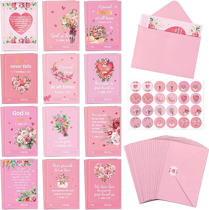 TICIAGA 72PCS Valentine's Day Religious Themed Greeting Cards with Envelop Retro Bible Notecard Sticker for Kids Flower Heartfelt Exchange Gifts for Boys and Girls Christian Classroom Party Favors