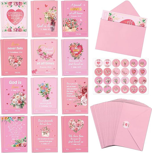 TICIAGA 72PCS Valentine's Day Religious Themed Greeting Cards with Envelop Retro Bible Notecard Sticker for Kids Flower Heartfelt Exchange Gifts for Boys and Girls Christian Classroom Party Favors