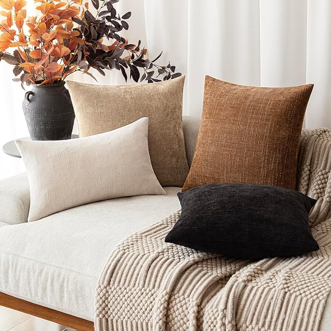 Foindtower Pack of 2 Textured Chenille Throw Decorative Pillow Covers Square Accent Solid Cushion Cover Neutral Farmhouse Pillow Case for Couch Sofa Bedroom Living Room 26x26 Inch,Taupe Khaki Camel