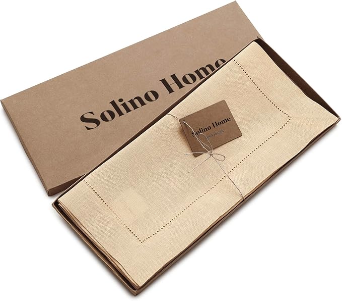 Solino Home Linen Beige Table Runner 108 Inches Long - 100% Pure Linen Hemstitch 16 x 108 Inch Table Runner for Dining, Spring, Easter - Classic Hemstitch