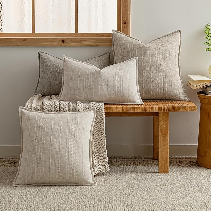 a moment Linen Pillow Covers Set of 2,Boho Farmhouse Throw Pillowcases Neutral Textured Decorative Covers for Couch Sofa Bed,Soft Linen Blend Accent Case Cushion Living Room Home Decor 20"x12"Ivory
