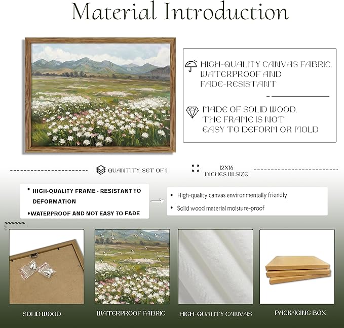 Framed Farmhouse Landscape Wall Art, Modern Country Flower Wall Decor, Vintage Wildflowers Mountain Canvas, Farm House Nature Pictures Print Artwork for Bedroom Living Room – 12x16 inch
