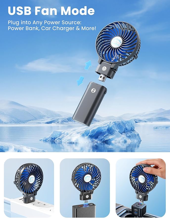 HandFan 5200mAh Portable Handheld Fan Rechargeable with Power Bank-3 Speeds Foldable Personal Cooling, 2-IN-1 Hand Held Fan Battery Operated, 20H Runtime for Travel/Summer/Concerts/Women (Black&Blue)