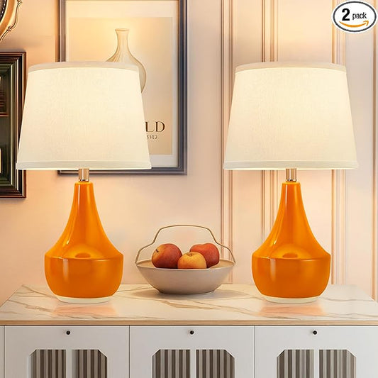 GyroVu Table Lamp Set of 2, Ceramic Lamp Classic Beside Lamps Nightstand Lamp Modern Table Lamp for Living Room, Bedroom & Office Rocker Swtich Orange-LED Bulbs Included