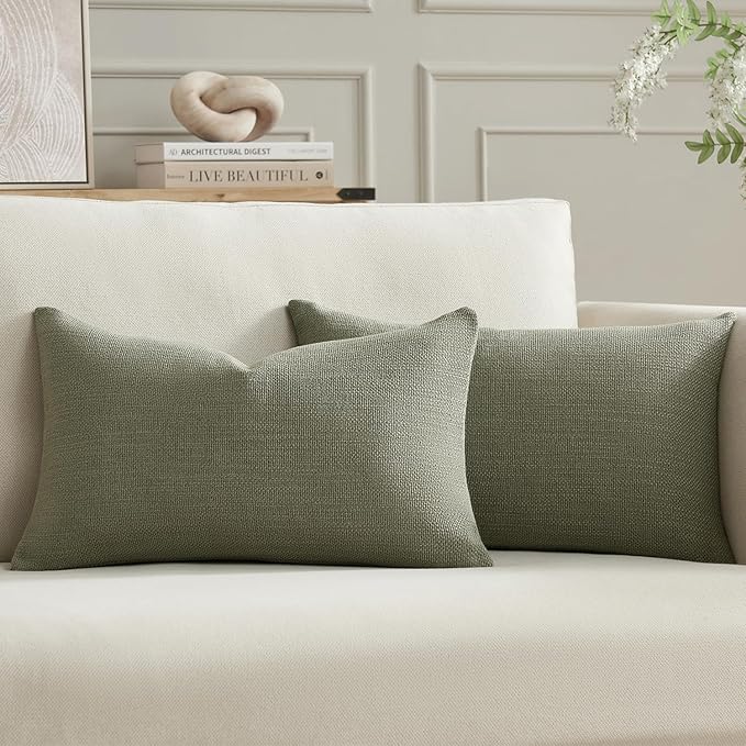 Meekio Set of 2 Linen Look Dark Sage Pillow Covers 12x20, Decorative Throw Pillow Covers for Couch, Sofa, Bed & Living Room Decor