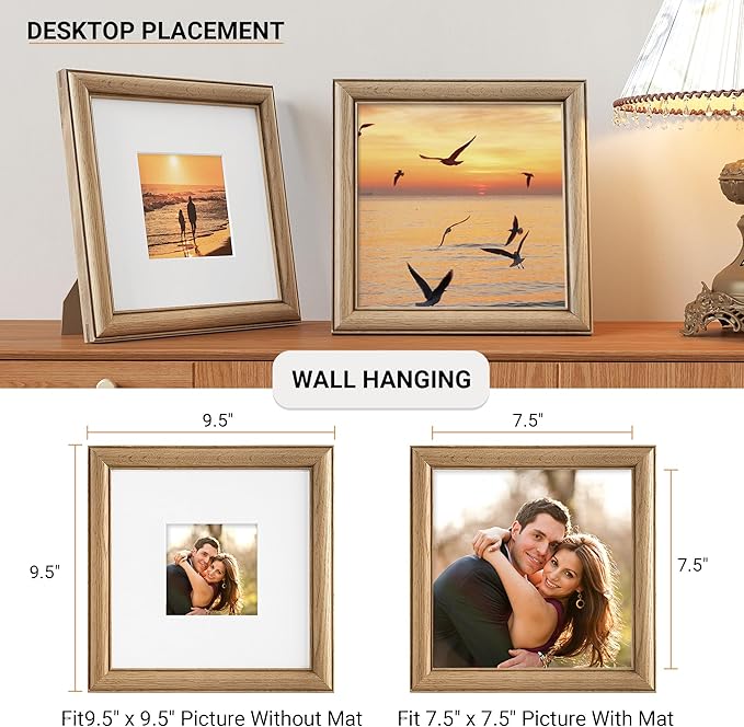 Heimlove 8x8 Picture Frame,8 x 8 Solid White Oak Square Photo Frame with Tempered Glass,8"x8" Handcrafted Wood Frame Matted to 4x4 Photos for Wall or Tabletop Art Photo and Prints,1 Pack