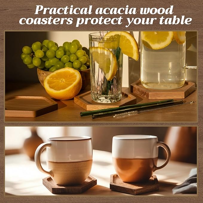 Zhehao 16 Pcs Acacia Wood Coasters Bulk 4 Inch Wooden Stackable Reusable Drink Coasters for Coffee Tea Table Protection Table Bar Home Desk Supplies Housewarming Gifts(Hexagon)