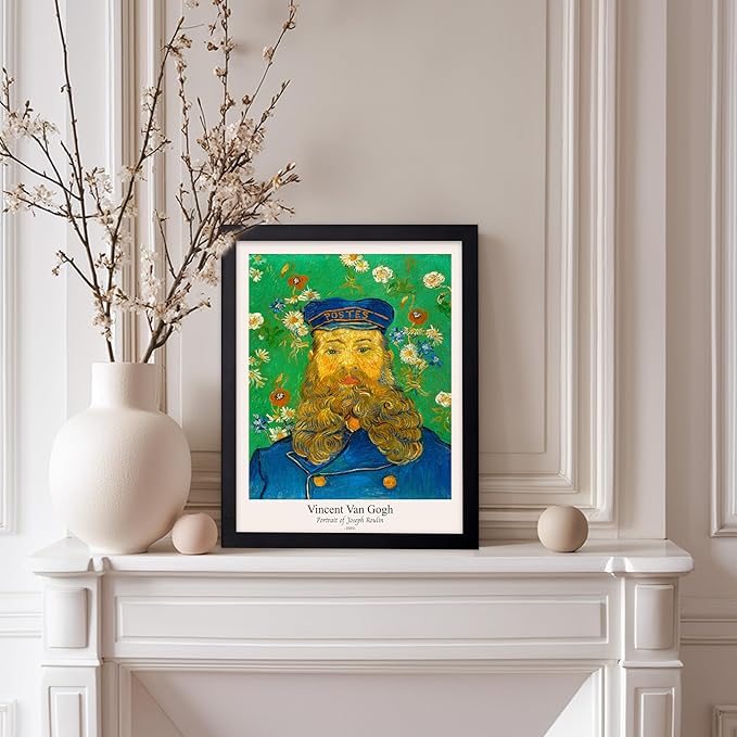 Monem Art Vintage Van Gogh Poster - Retro Portrait of the Joseph Roulin Print - Impressionism Art - Postman Art - Fine Art - Classic Painting Art - Living Room Wall Decor - 8x10 Black Framed