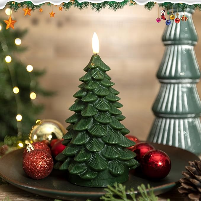 Flameless Candles with Remote Timer, 2 Pack Christmas Tree Candles Battery Operated LED Candles Real Wax Holiday Christmas Decoration for Bedroom Party Festival Gift Green
