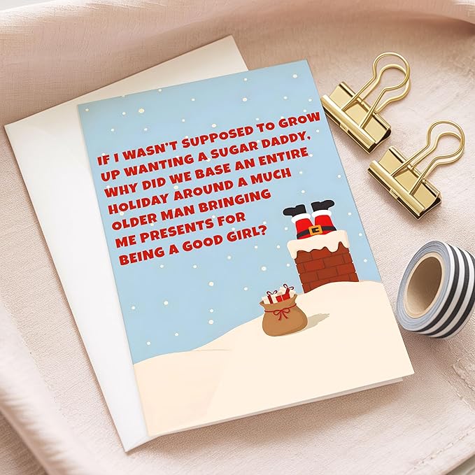 (5.3x8in) Funny Adult Christmas Card for Her, Naughty Sugar Daddy Holiday, Santa Stuck in Chimney, Festive Greeting for Girlfriend, Wife or Friend, Sexy Xmas Card with Envelope (Xmas 45)