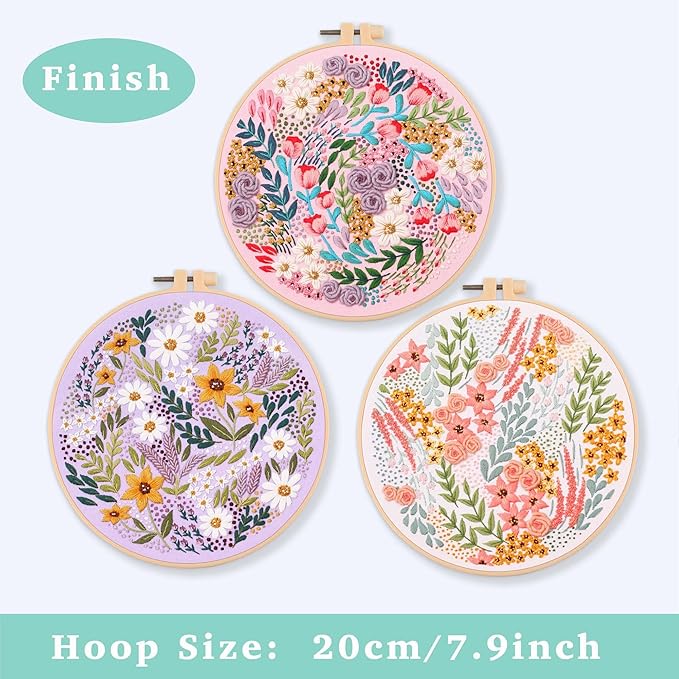 REEWISLY 3 Pack Embroidery Starter kit with Patterns and Instructions, DIY Adult Cross Stitch Kits Beginner, Including 3 Plastic Embroidery Rings, 1 Scissors, Colored Threads and Needles