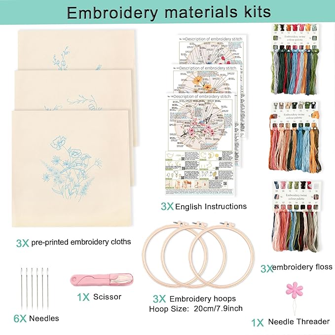 REEWISLY 3p Embroidery Starter Kit Patterns, DIY Adult Cross Stitch Kits Beginner, Including 3 Plastic Embroidery Rings, 1 Scissors, Colored Threads,Needles and Instructions