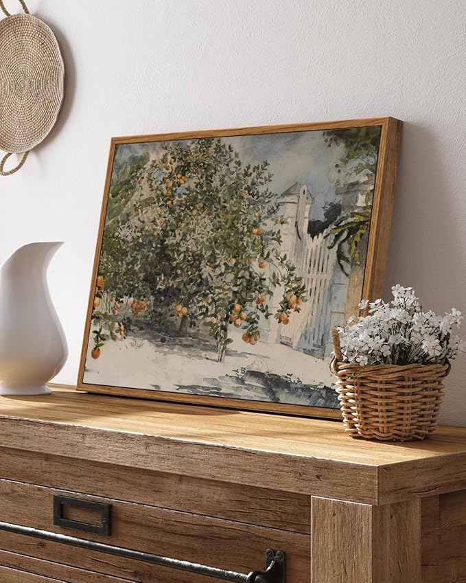 VIYYIEA Framed Canvas Wall Art Vintage Decor, Country Orange Trees Earthy Room Decor Aesthetic, Kitchen Living Room Bedroom Bathroom Rustic Farmhouse Art, 11"x14"