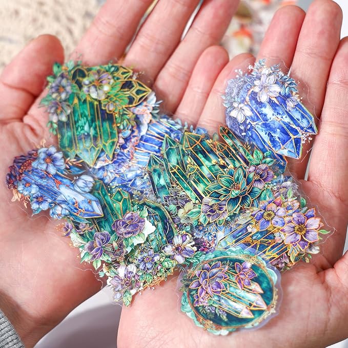 80 Pcs Mystical Crystal Flower Stickers – Aesthetic Boho Watercolor Scrapbook Stickers, Clear Floral Gemstone Decals for Journaling, Planners, Resin Crafts