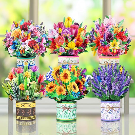 Pop Up Flower Bouquet Card Set for Women – 6 Unique 3D Floral Designs with Envelopes and Blank Note Cards for Birthdays, Mother's Day, Thank You, Get Well, and More
