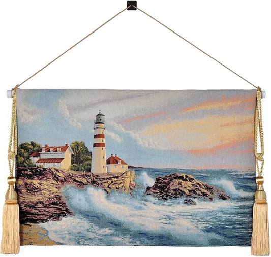 Vintage Nature Tapestry Wall Hanging Set with Telescopic Rod & Tassels - Jacquard Woven Fabric Aesthetic Country Landscape Wall Tapestry for Bedroom/Living Room Decor Green Art (42"x27") (Vibrant - coastal, lighthouse by crashing waves)