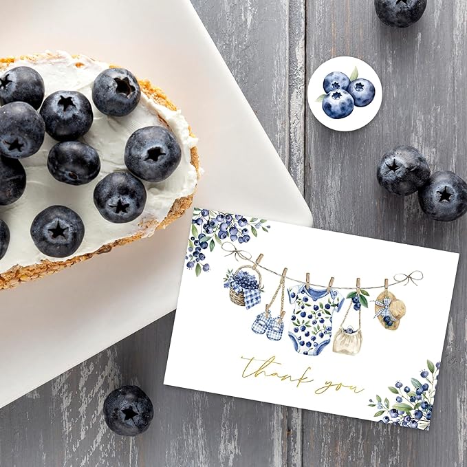 Whaline 50 Pcs Baby Shower Thank You Cards Greeting Cards with Envelopes Stickers Gold Foil Blue Berry Plaid Baby Cloth Blank Note Cards for Birthday Party Supplies, 4 x 6 Inch