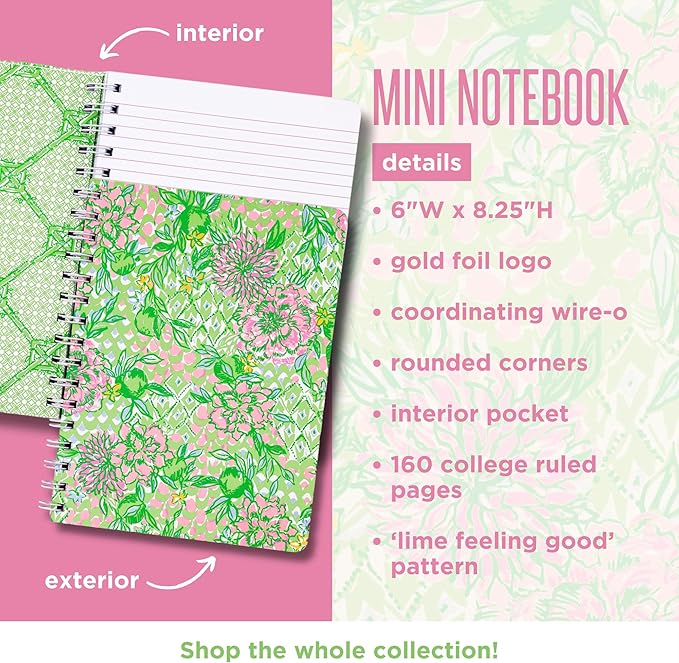 Lilly Pulitzer Hardcover Mini Spiral Notebook, 8.25" x 6.5" Small Journal with 160 College Ruled Pages, Lime Feeling Good