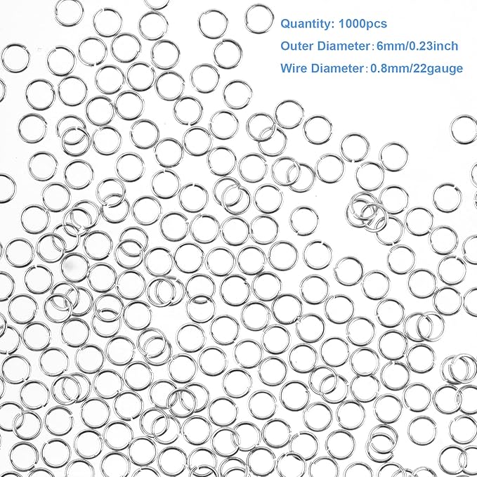 6mm Open Jump Rings Jewelry DIY Findings for Choker Necklaces Bracelet Making, Silver, 1000 PCS