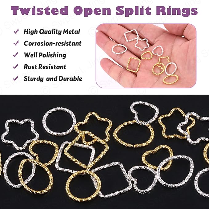 Swpeet 400Pcs Gold and Sliver 12mm 15mm 16mm 18mm 5 Styles Open Jump Rings Assortment Kit, Plum Bossom/Water Droplets/Heart/SquareIron O Rings Connectors Jewelry Findings