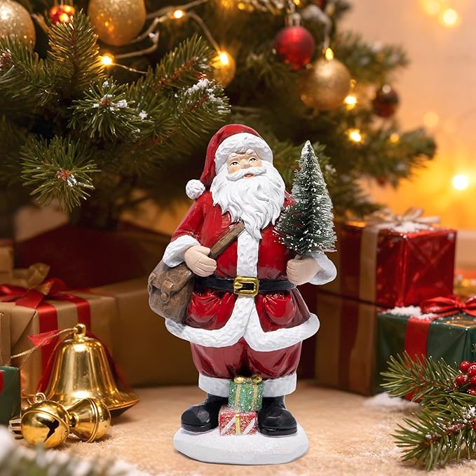 Hodao Christmas Santa Figurine Holding Tree, Hand-Painted Resin Santa Claus Statue with Gifts, Festive Holiday Decoration for Tabletop, Mantel, Shelf, Home Décor Accent
