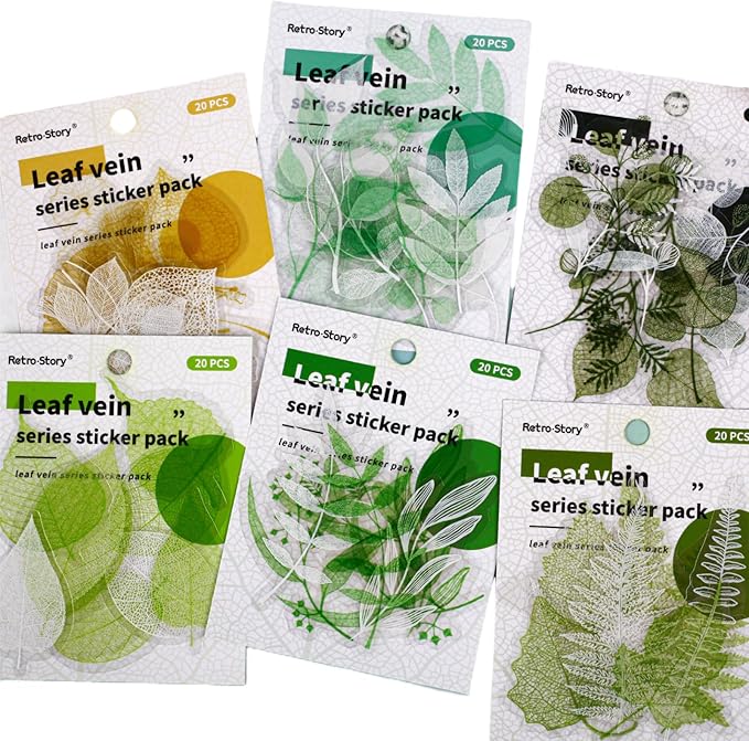 120 Pieces Leaf Vein Theme PET Stickers Set, 6 Pack Nature Ephemera for Scrapbooking, Journaling, DIY Crafts, and Art Supplies