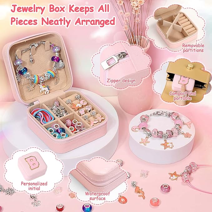 Charm Jewelry Making Kit, Bracelet Making Kit DIY Necklace Kit with Initial Jewelry Box, Unicorns Crafts Birthday Valentines Day Gifts