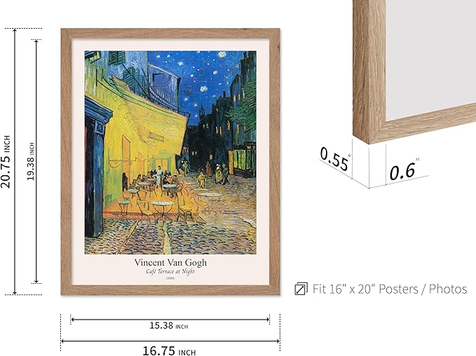 Monem Art Vintage Van Gogh Poster - Retro Cafe Terrace at Night Print - Impressionism Art - Fine Art - Classic Painting Art - Aesthetic Living Room or Bedroom Wall Decor - 16x20 Beige Framed