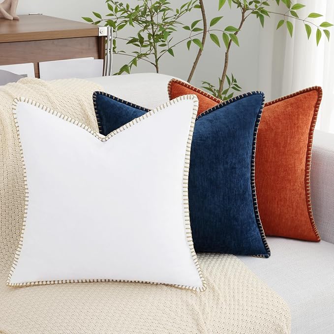 decorUhome Spring Chenille Soft Throw Pillow Covers 12x20 Set of 2, Lumbar Velvet Farmhouse Neutral Decorative Pillow Covers with Stitched Edge for Couch Sofa Bed Home Decor, White