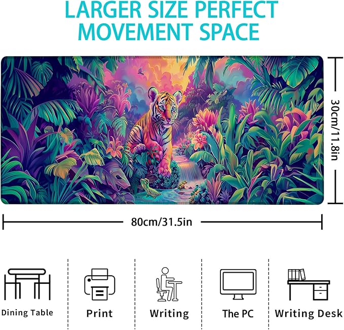 Jungle Majesty Tiger Gaming Mouse Pad, Mouse Pad, Desk Mat, Non-Slip Rubber Base MousePads for Computers Laptop Office School Home Accessories Decor Gifts 31.5" x 11.8"
