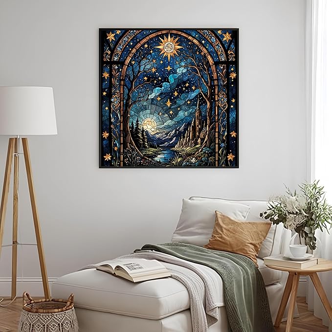 Diamond Paintings Kits for Beginners,Full Drill Night Sky Stained Glass Diamond Arts Kits for Adults,Starry Landscape Paint by Diamond,5D DIY Diamond Painting Dot Gem Art,Home Wall Decor 13.8x13.8