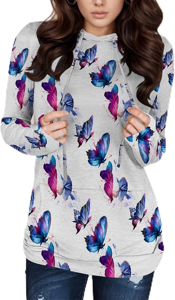 Hooded Sweatshirt Women Fall Butterfly Sweatshirts Lightweight Long Sleeve Pullover Tops Trendy Outfits Plus Size